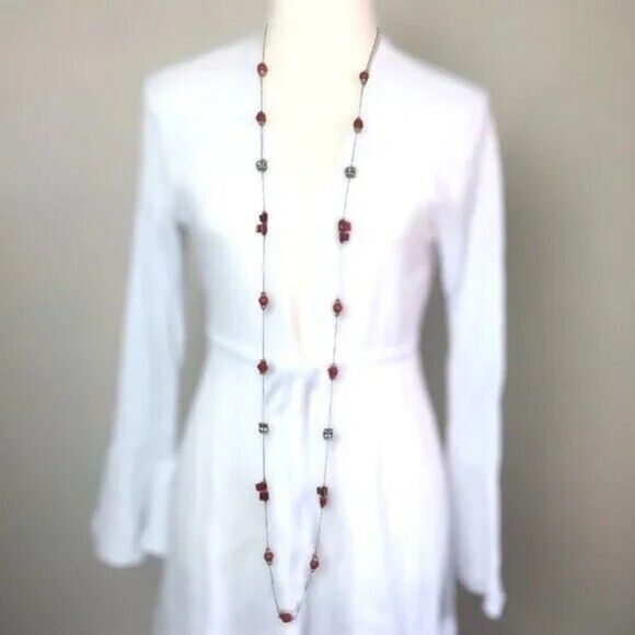 Silver Tone Beaded Rope Necklace 61” Long Chain Rhinestones Shell Beads Plastic - Picture 3 of 9